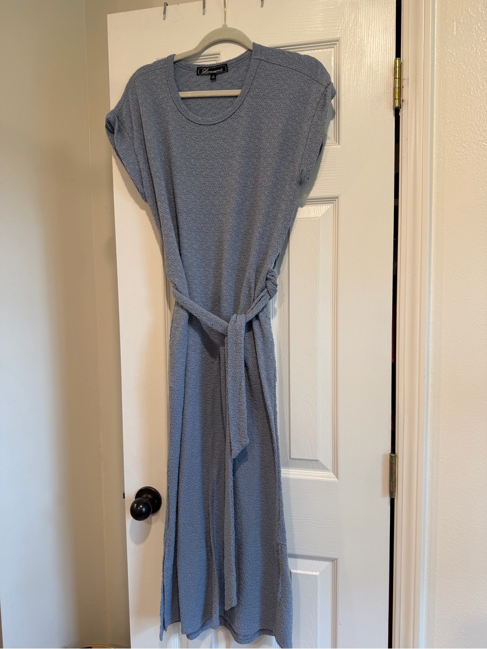 Textured Light Blue Midi Dress with Self-Tie Belt